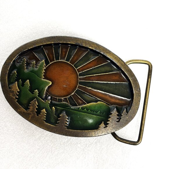 Indiana Metal Craft Brass Enameled Sunrise in the Mountains Belt Buckle Vintage main image 5